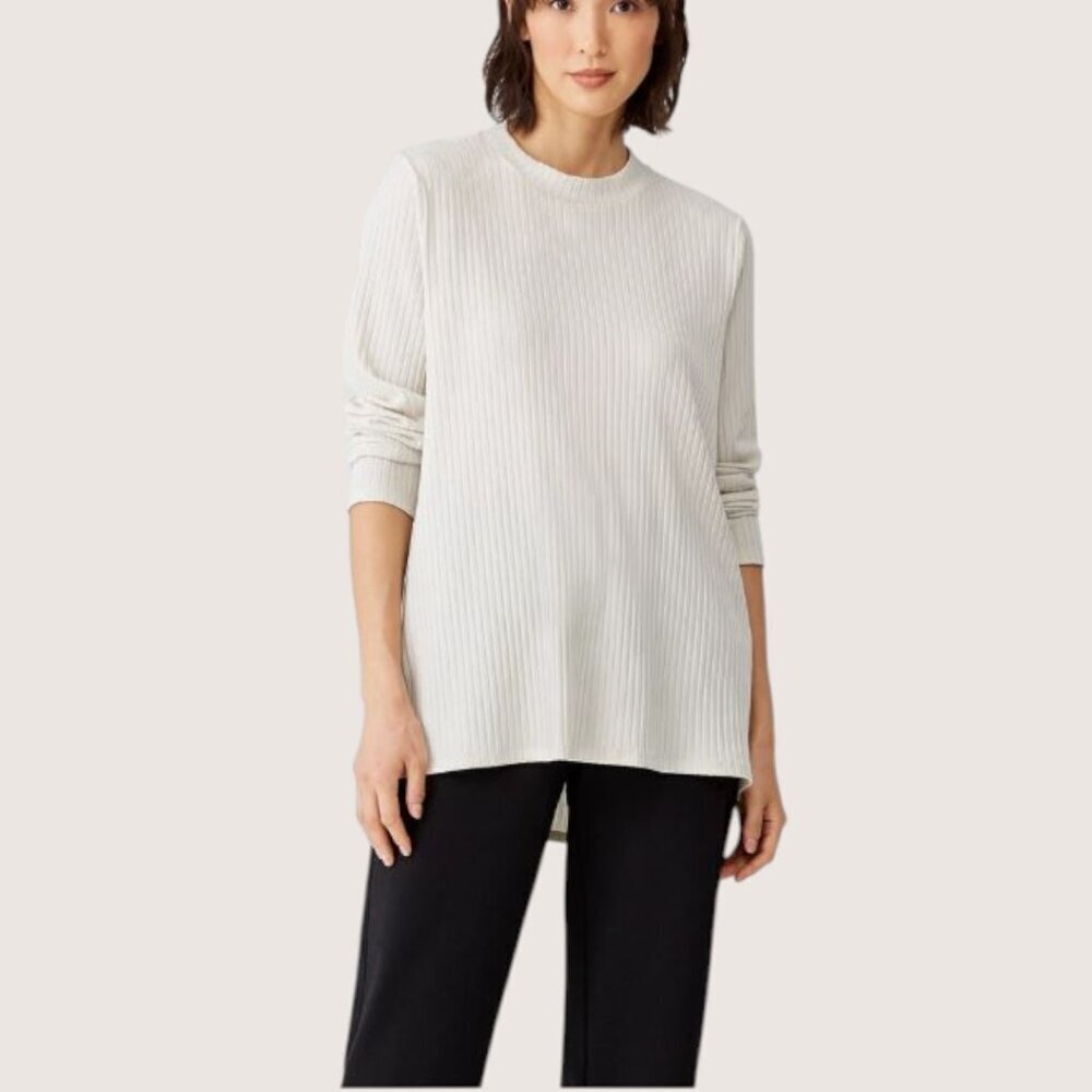 Eileen Fisher Womens Textured Stretch Rib Crew Neck Tunic Bone Long Sleeve M EUC